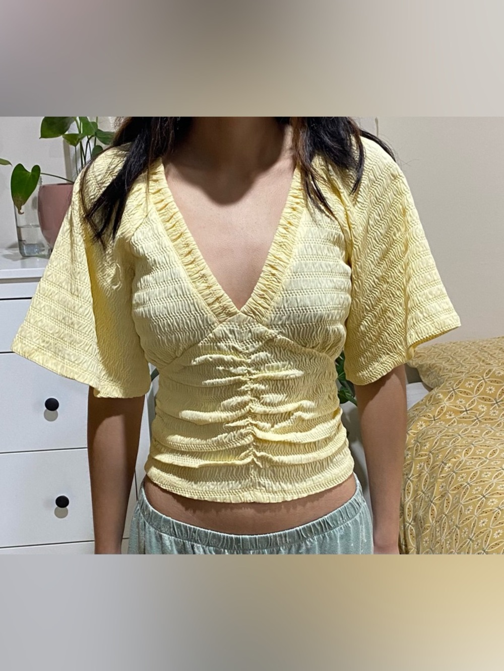 LOFT Pale Yellow Ruched V-Neck Short Sleeve Top